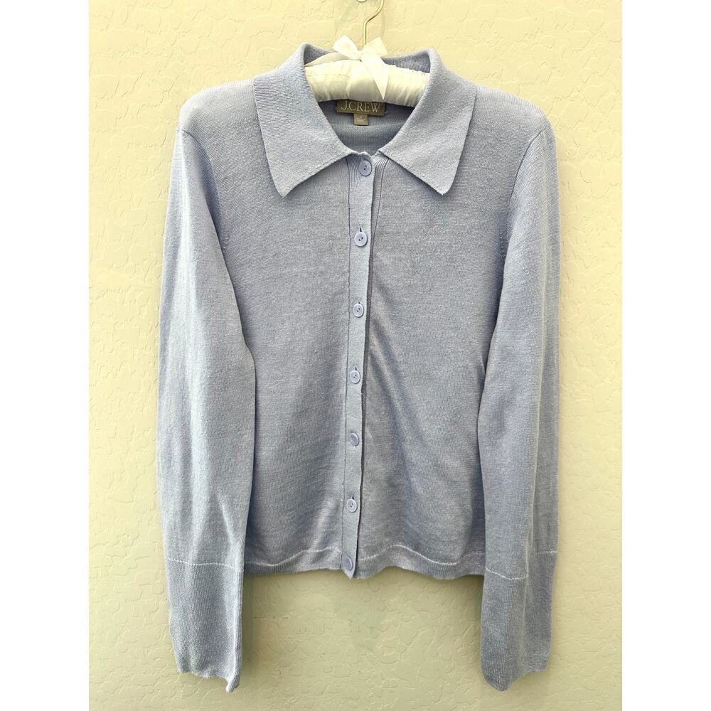 J.CREW 100% Linen Blue Collared Knit Cardigan Sweater Coastal Grandma | Medium - Picture 2 of 7